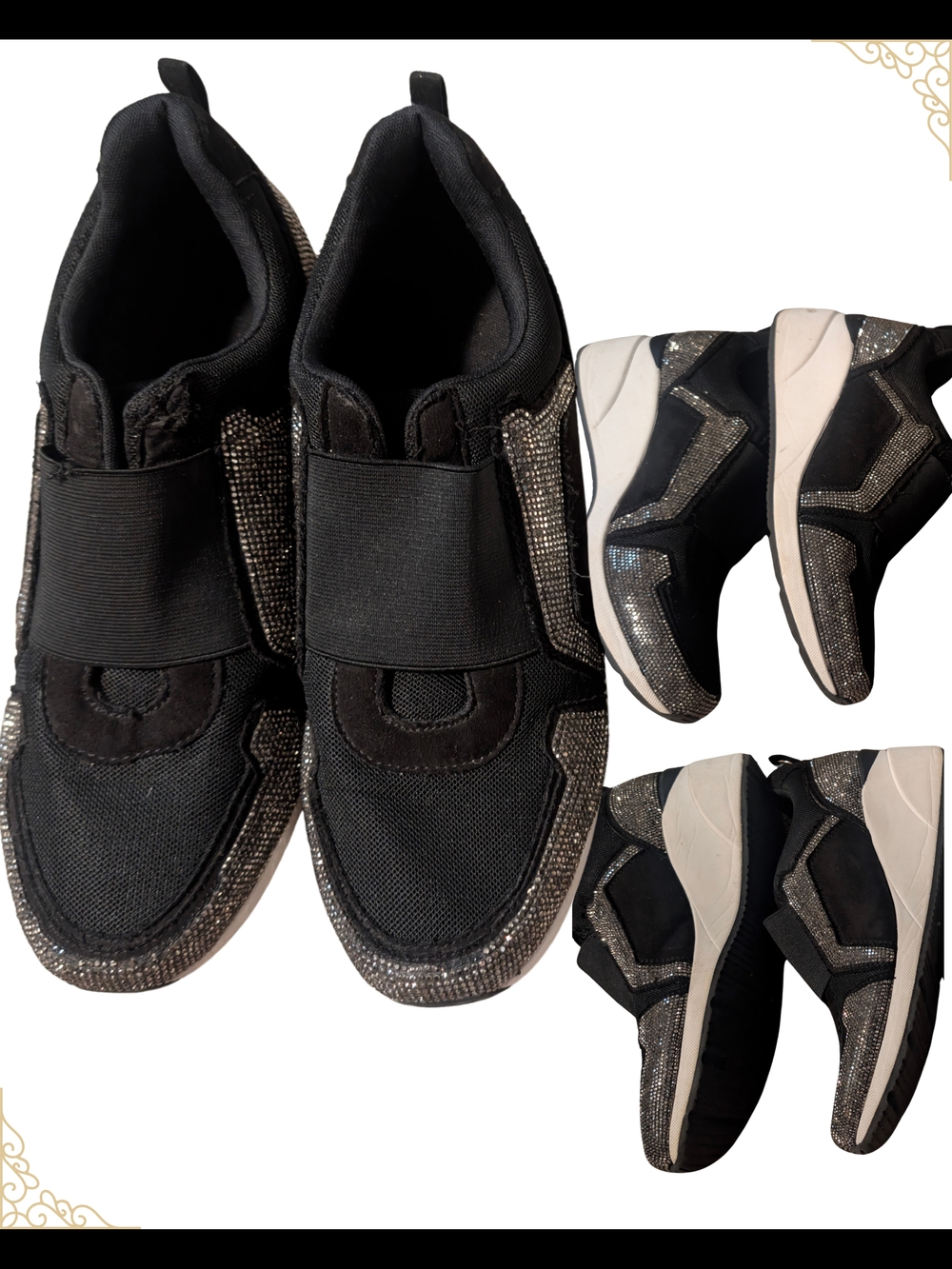 Women's Size 11 Black Slip-On Sneakers with Silver Rhinestone Accents